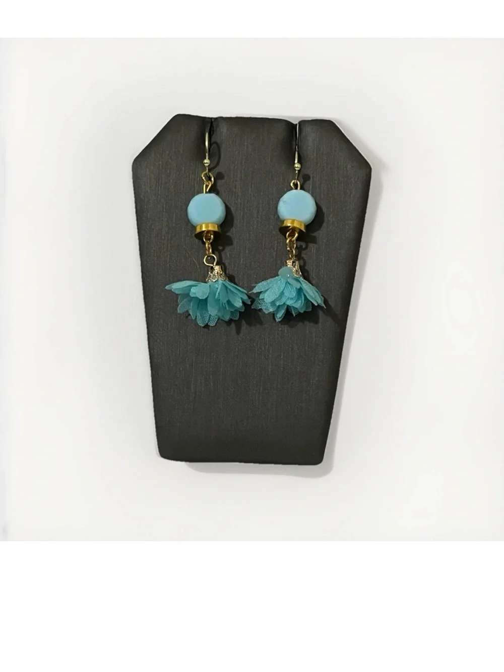 Turquoise Boho Flower Tassel Dangle Earrings Blue Bead Gold Tone Boho Drop